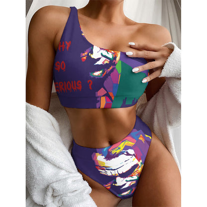 Colorful Joker Why So Serious Print One Shoulder Bikini Top