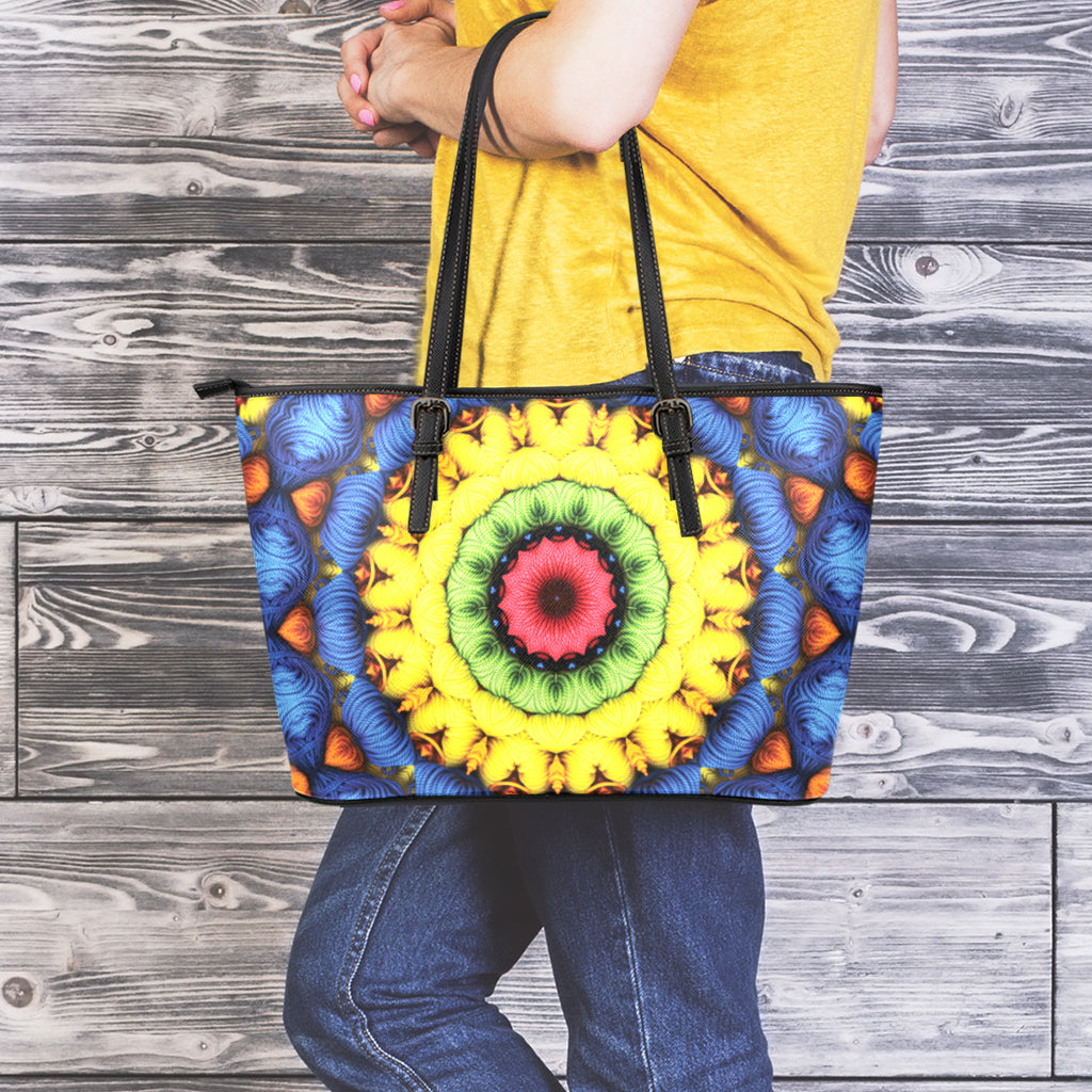Colorful Kaleidoscope Print Leather Tote Bag