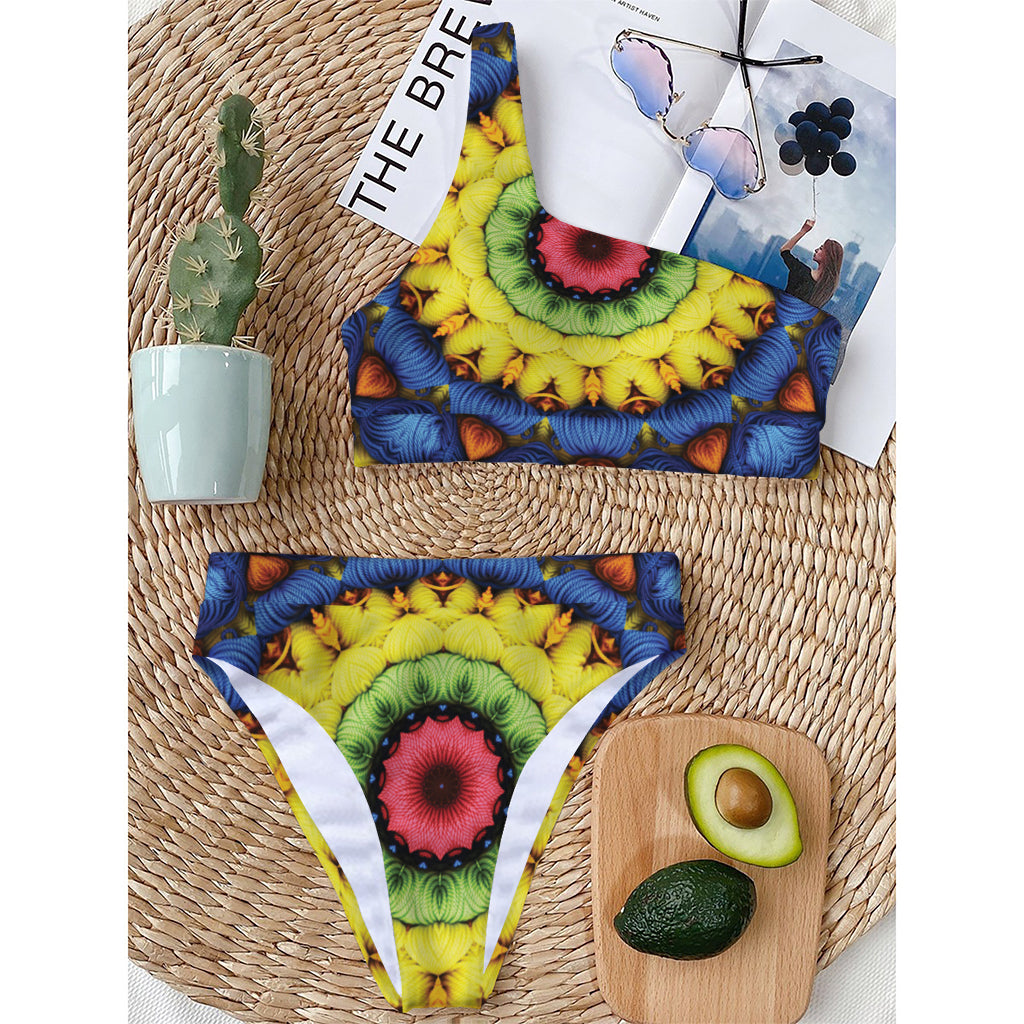 Colorful Kaleidoscope Print One Shoulder Bikini Top
