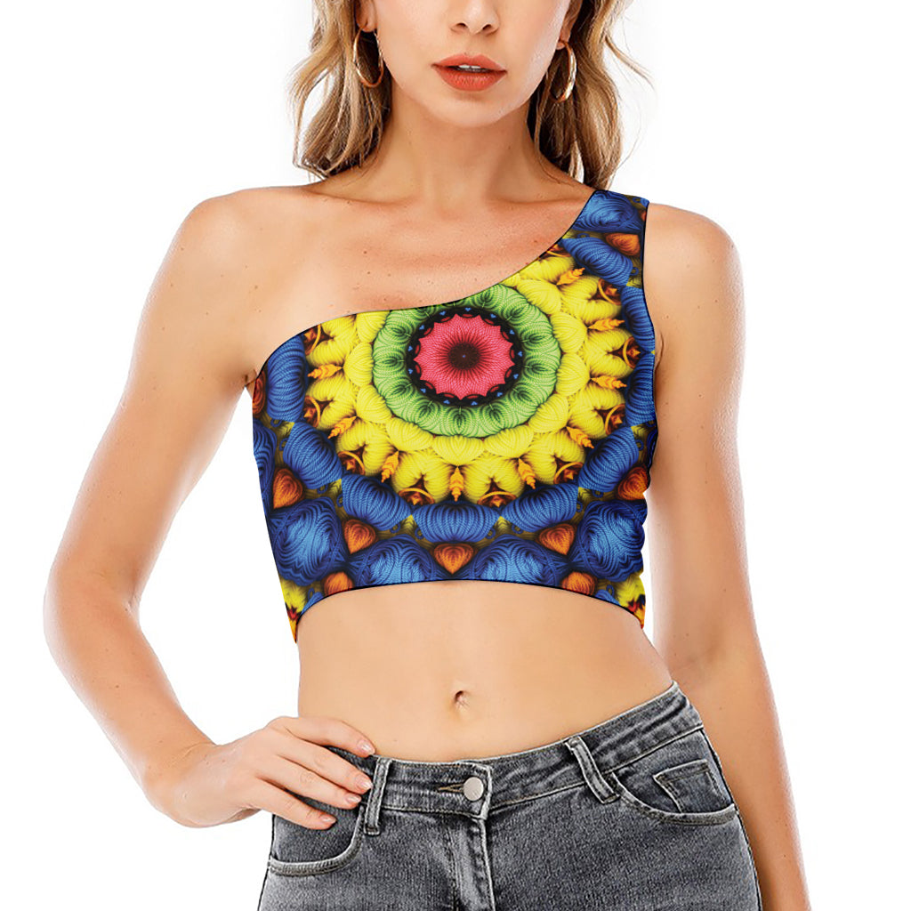 Colorful Kaleidoscope Print One Shoulder Crop Top