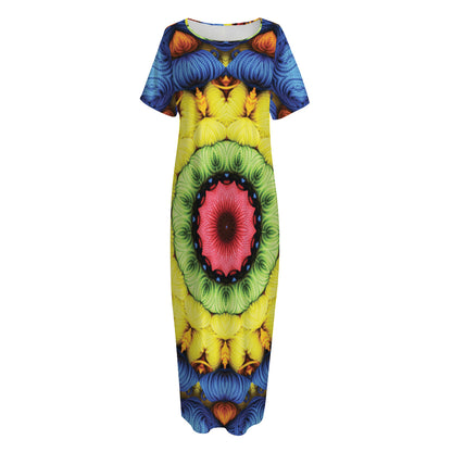 Colorful Kaleidoscope Print Short Sleeve Long Nightdress