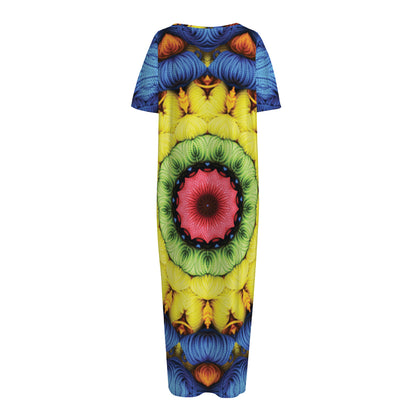 Colorful Kaleidoscope Print Short Sleeve Long Nightdress
