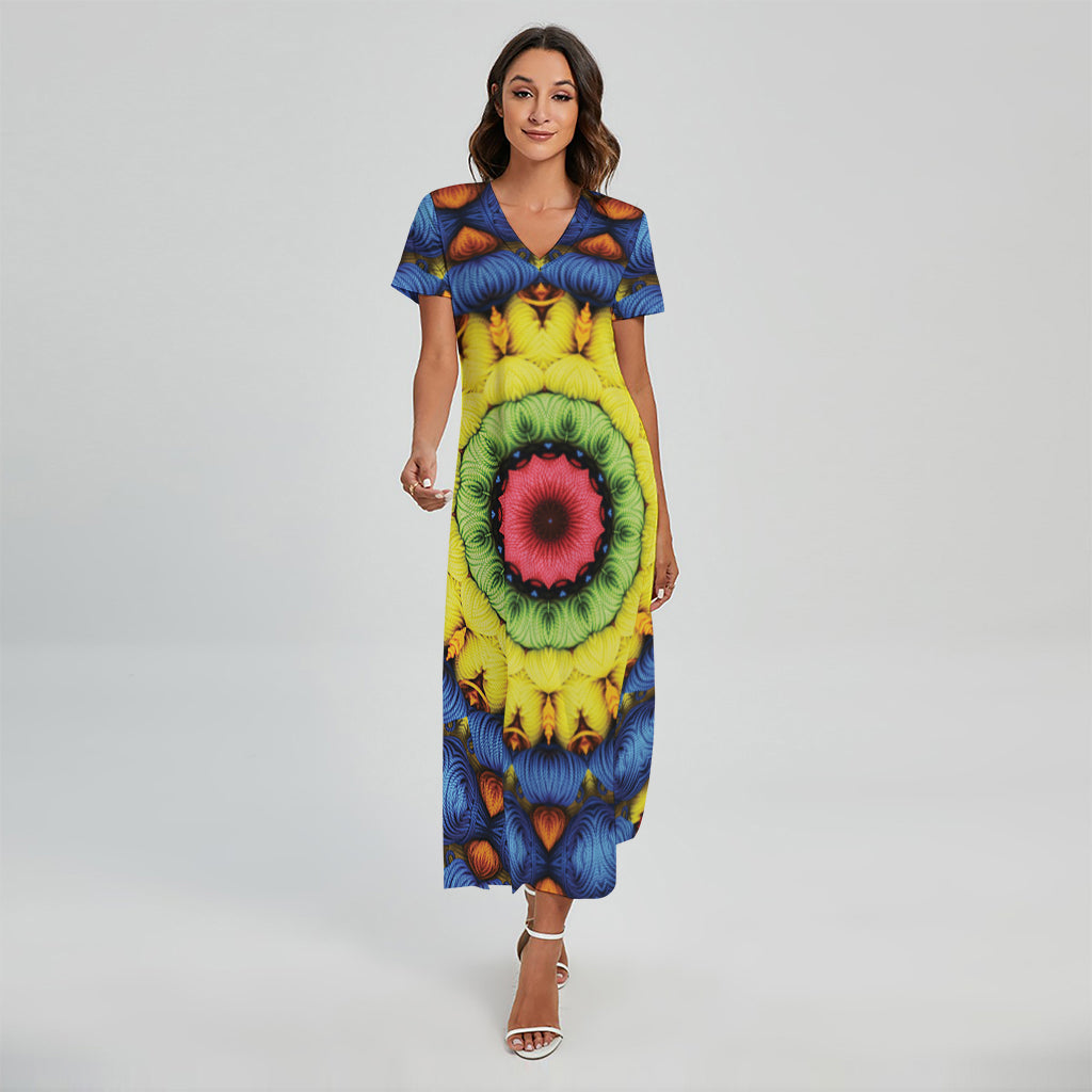 Colorful Kaleidoscope Print Short Sleeve Maxi Dress