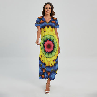 Colorful Kaleidoscope Print Short Sleeve Maxi Dress