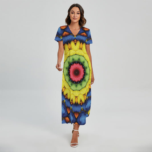 Colorful Kaleidoscope Print Short Sleeve Maxi Dress