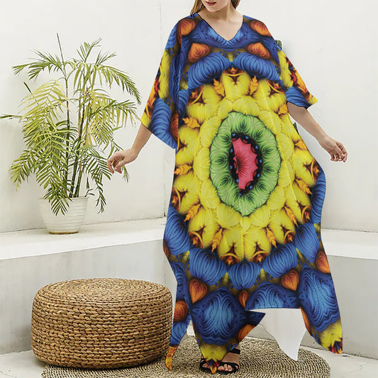Colorful Kaleidoscope Print Silk V-Neck Kaftan Dress