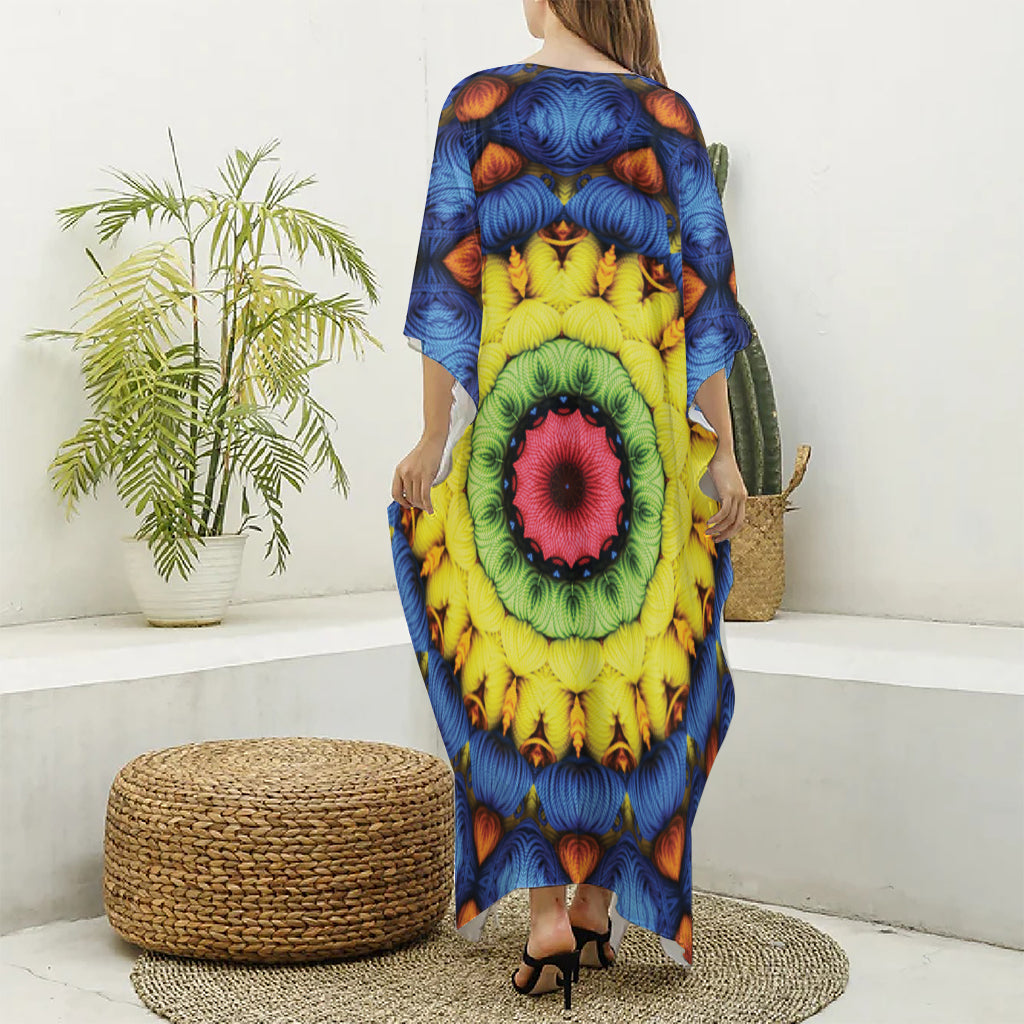 Colorful Kaleidoscope Print Silk V-Neck Kaftan Dress