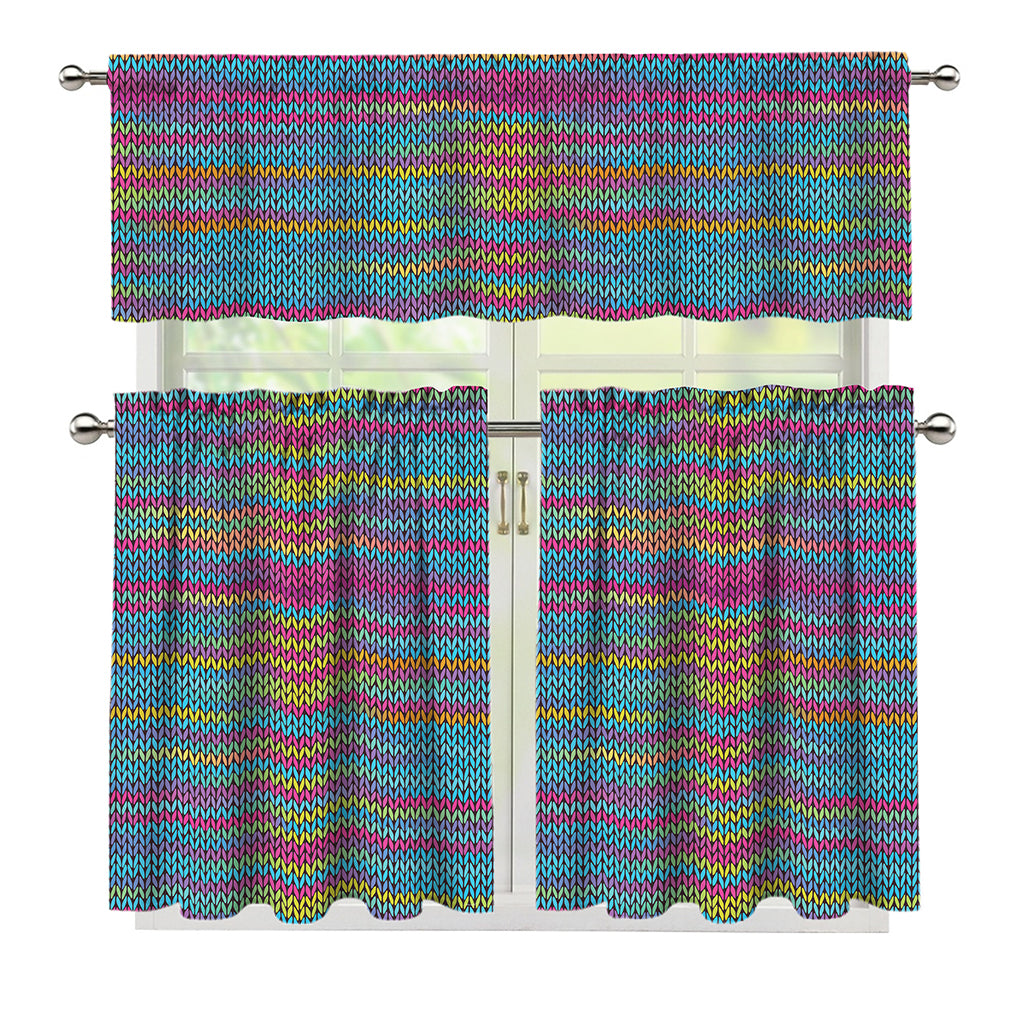 Colorful Knitted Pattern Print 3 Piece Kitchen Curtains