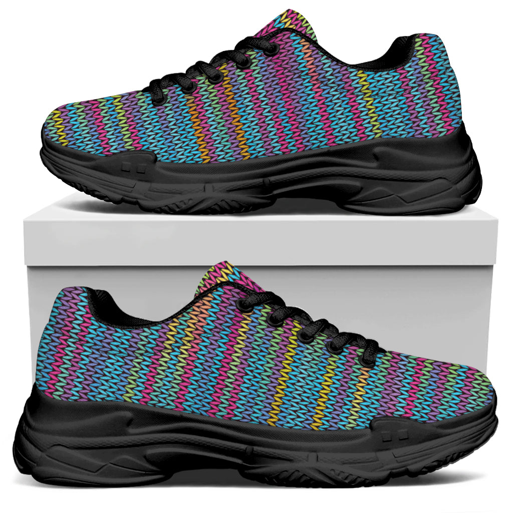 Colorful Knitted Pattern Print Black Chunky Shoes