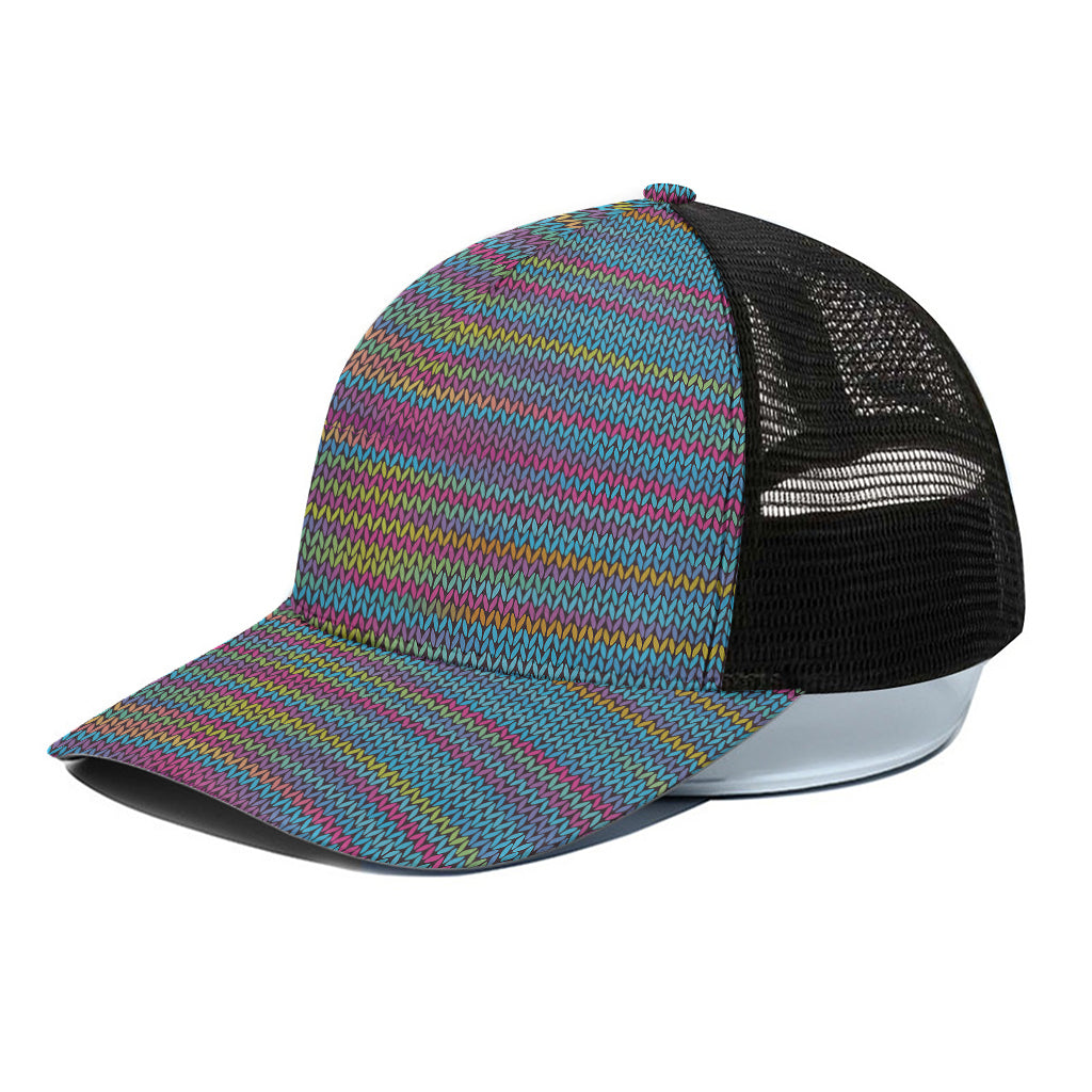 Colorful Knitted Pattern Print Black Mesh Trucker Cap