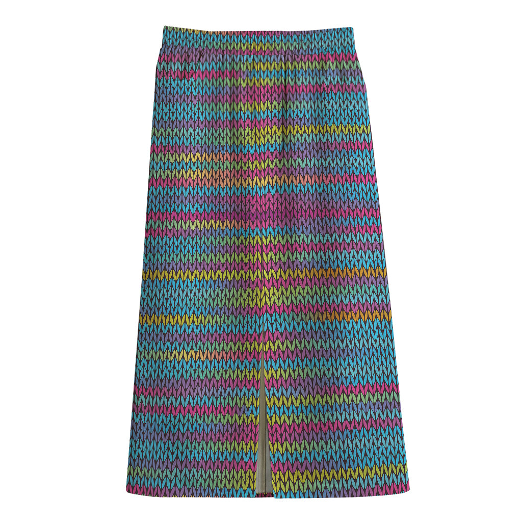Colorful Knitted Pattern Print Cotton Front Slit Maxi Skirt