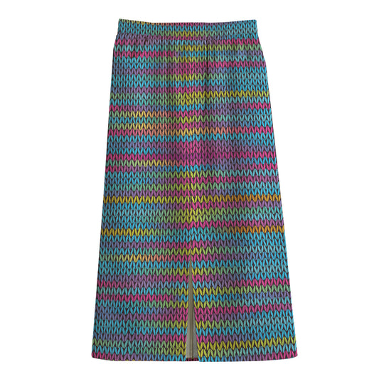 Colorful Knitted Pattern Print Cotton Front Slit Maxi Skirt