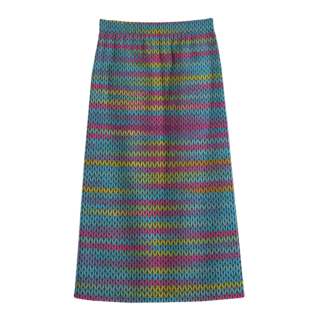 Colorful Knitted Pattern Print Cotton Front Slit Maxi Skirt