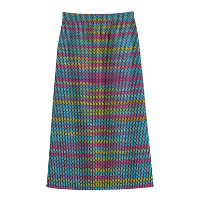 Colorful Knitted Pattern Print Cotton Front Slit Maxi Skirt