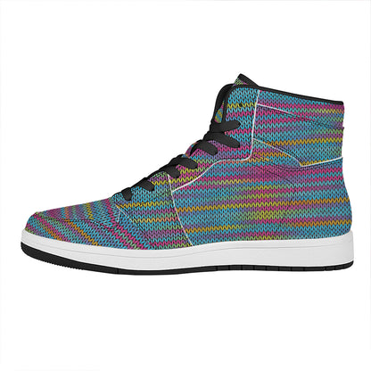 Colorful Knitted Pattern Print High Top Leather Sneakers
