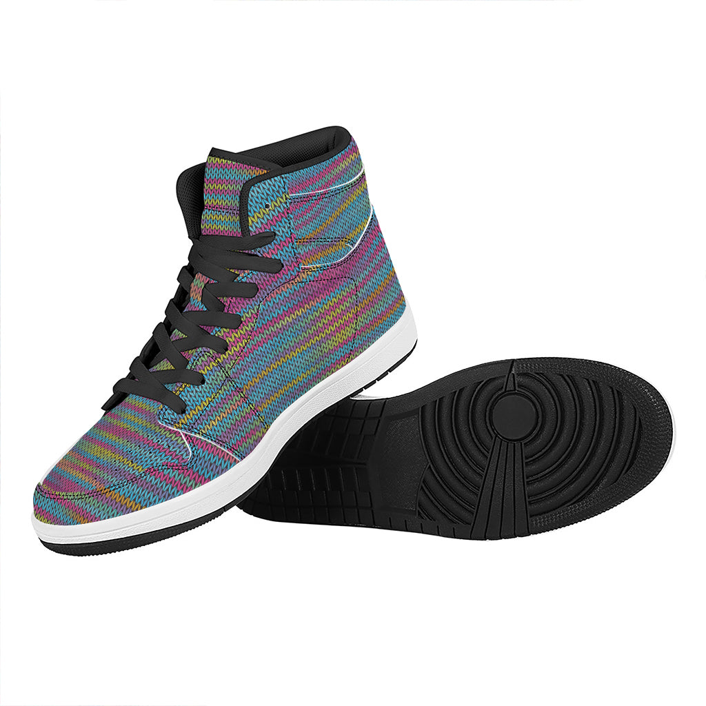 Colorful Knitted Pattern Print High Top Leather Sneakers