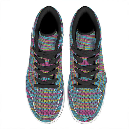 Colorful Knitted Pattern Print High Top Leather Sneakers