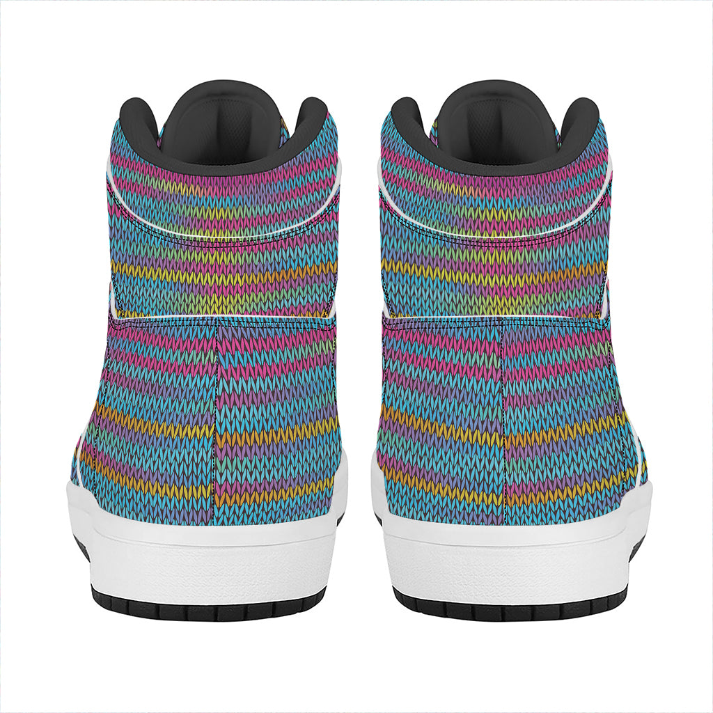 Colorful Knitted Pattern Print High Top Leather Sneakers