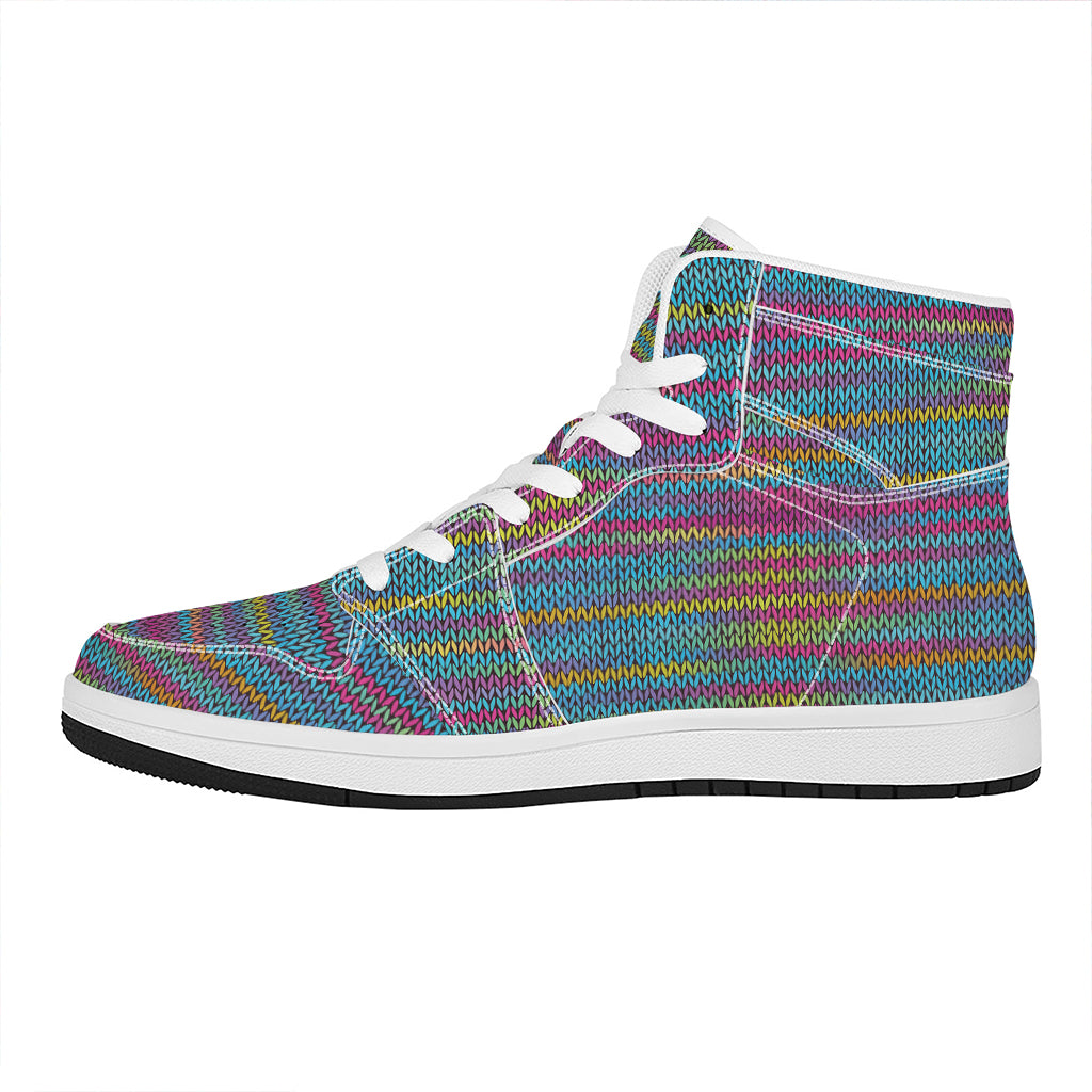 Colorful Knitted Pattern Print High Top Leather Sneakers