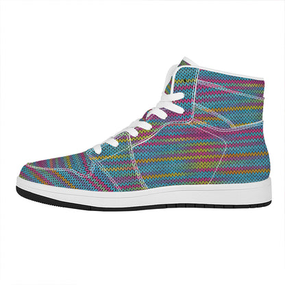 Colorful Knitted Pattern Print High Top Leather Sneakers