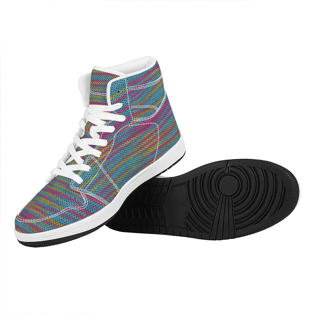 Colorful Knitted Pattern Print High Top Leather Sneakers