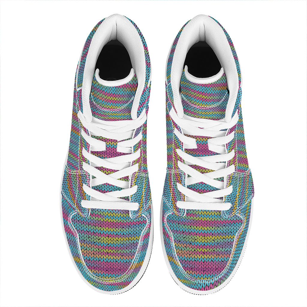 Colorful Knitted Pattern Print High Top Leather Sneakers