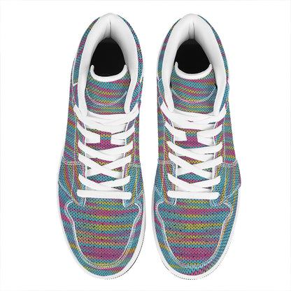 Colorful Knitted Pattern Print High Top Leather Sneakers