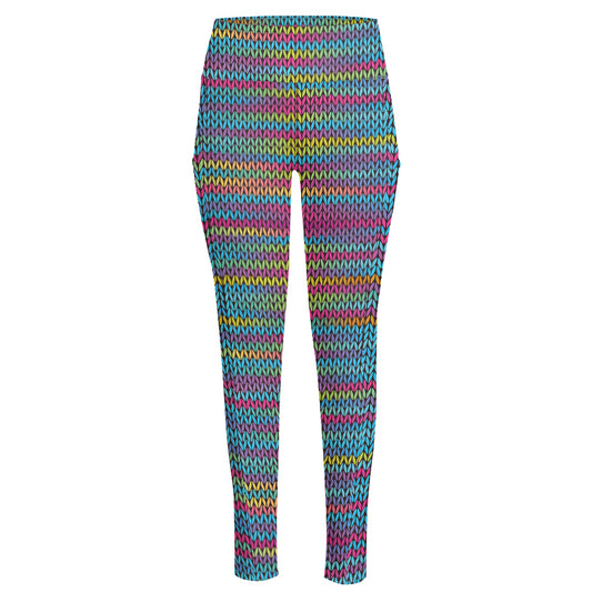 Colorful Knitted Pattern Print High-Waisted Pocket Leggings