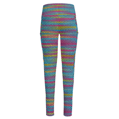 Colorful Knitted Pattern Print High-Waisted Pocket Leggings