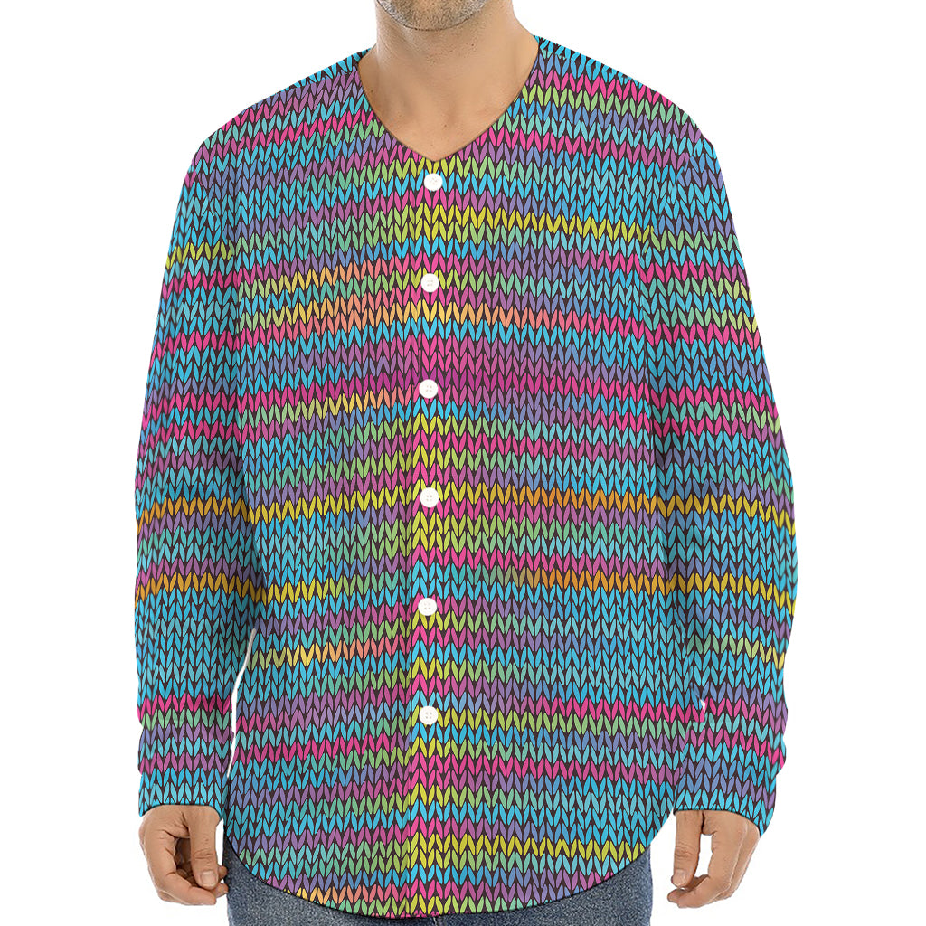 Colorful Knitted Pattern Print Long Sleeve Baseball Jersey