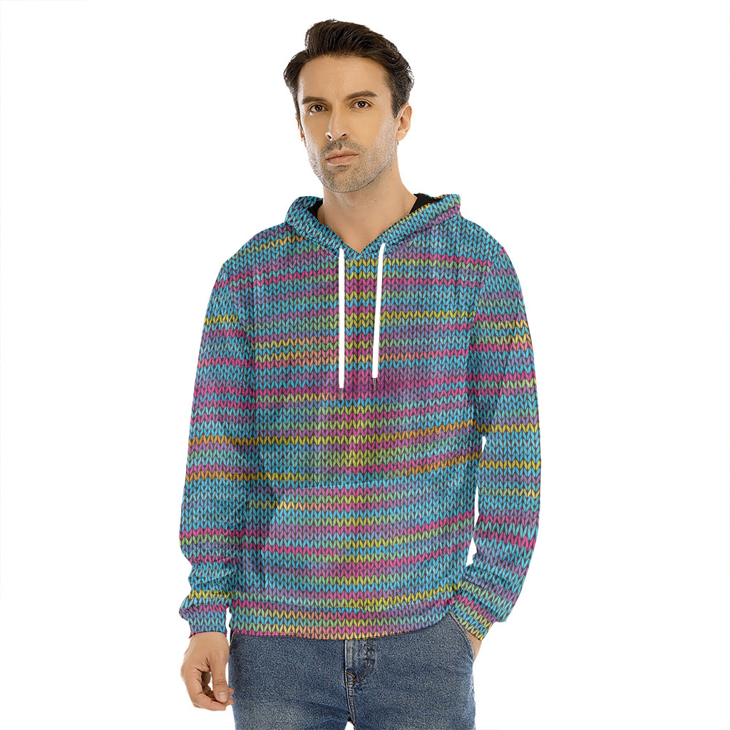 Colorful Knitted Pattern Print Men's Velvet Pullover Hoodie
