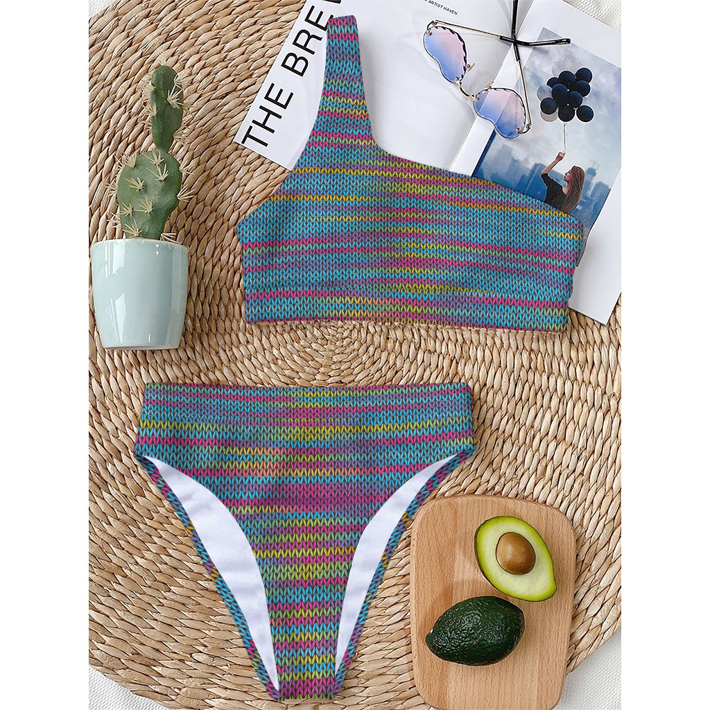 Colorful Knitted Pattern Print One Shoulder Bikini Top
