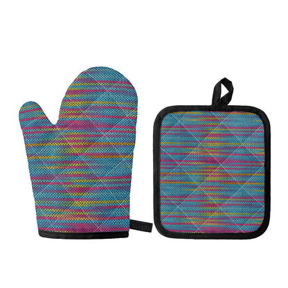 Colorful Knitted Pattern Print Oven Mitt And Pot Holder Set