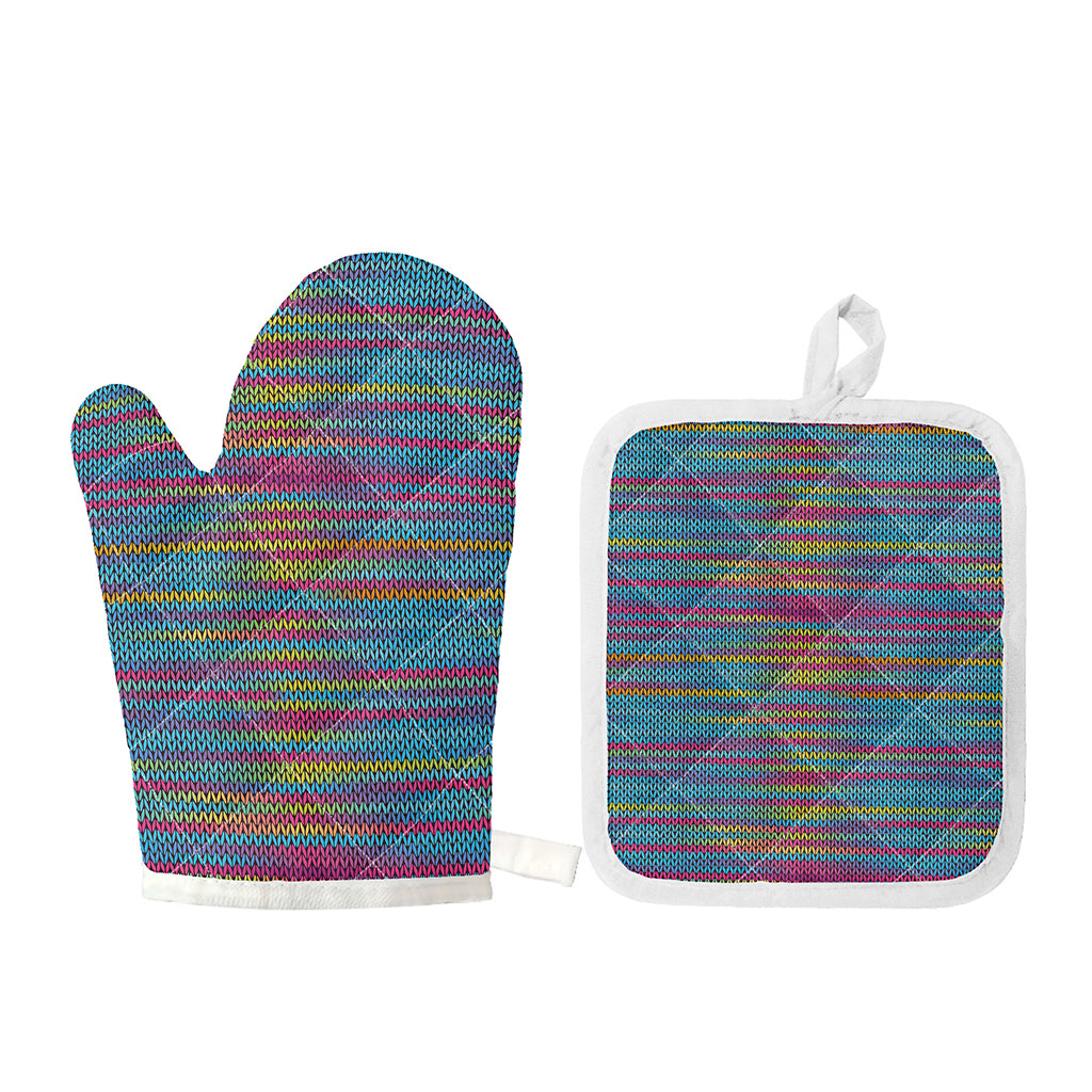 Colorful Knitted Pattern Print Oven Mitt And Pot Holder Set
