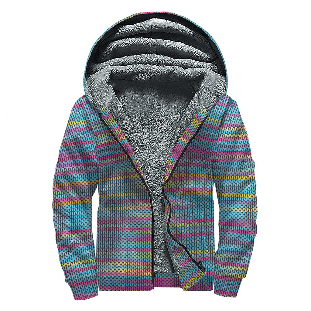 Colorful Knitted Pattern Print Sherpa Lined Zip Up Hoodie