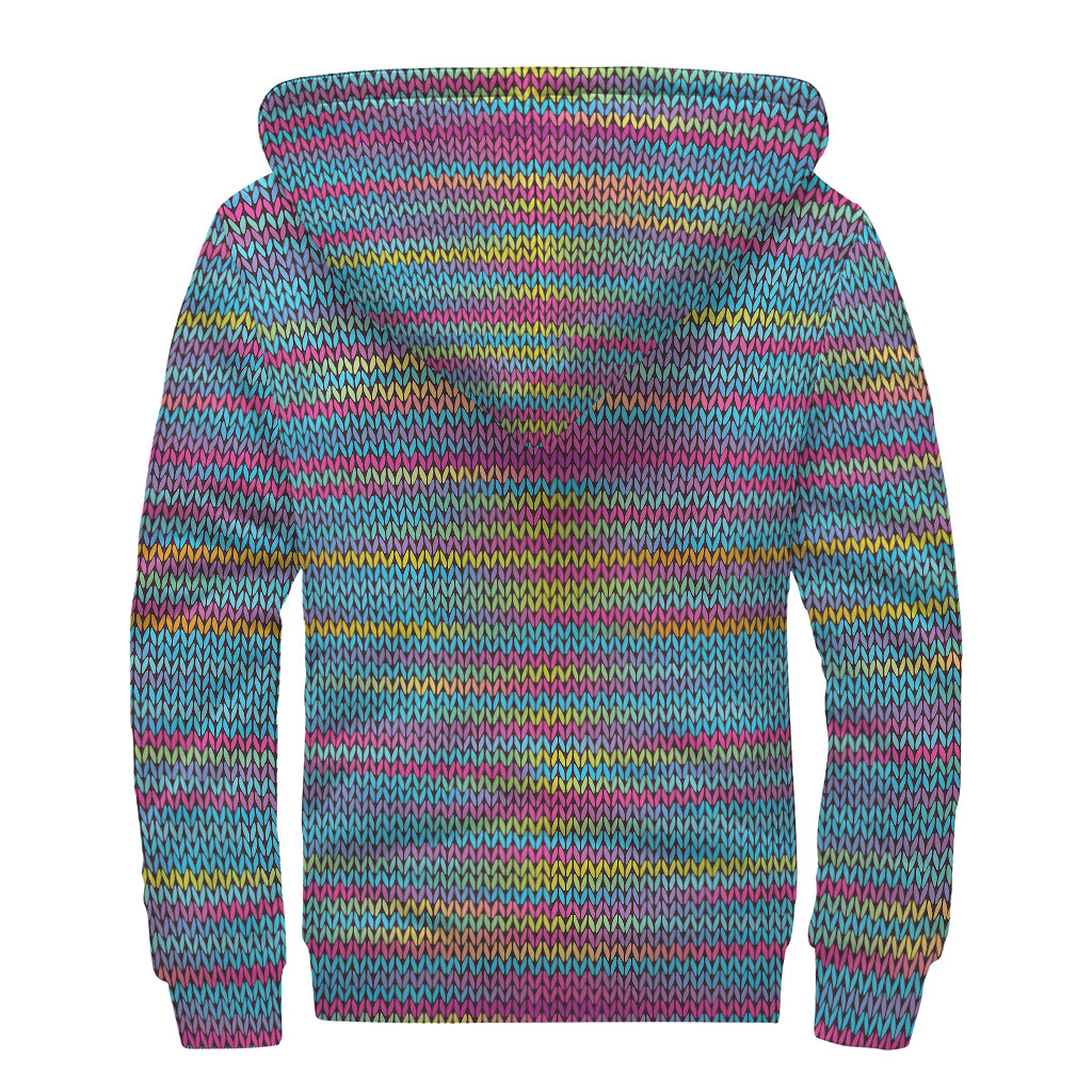 Colorful Knitted Pattern Print Sherpa Lined Zip Up Hoodie