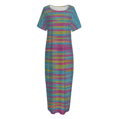 Colorful Knitted Pattern Print Short Sleeve Long Nightdress