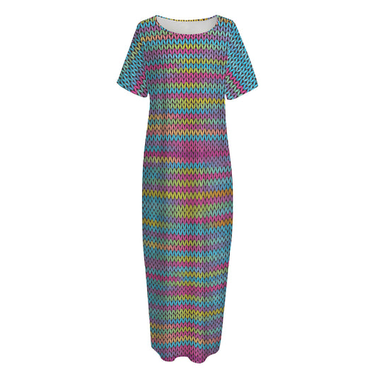 Colorful Knitted Pattern Print Short Sleeve Long Nightdress