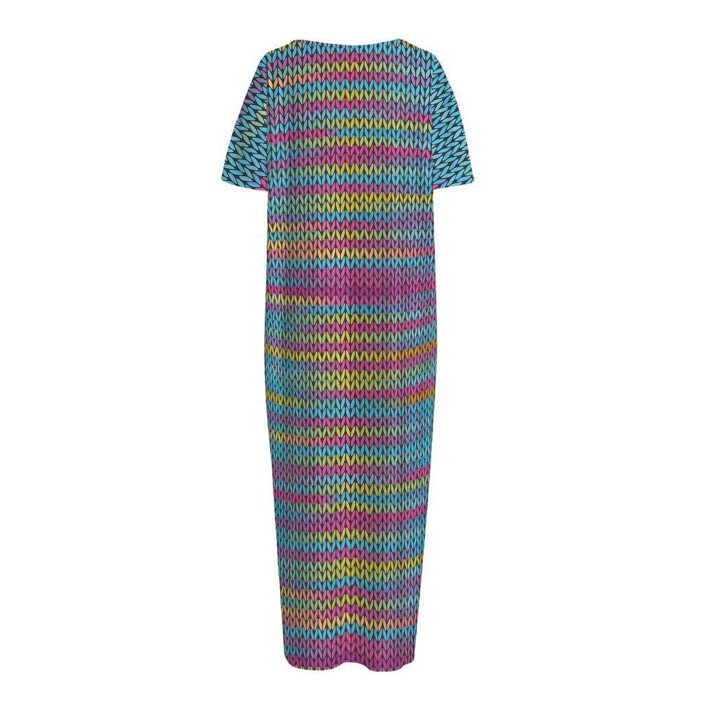 Colorful Knitted Pattern Print Short Sleeve Long Nightdress