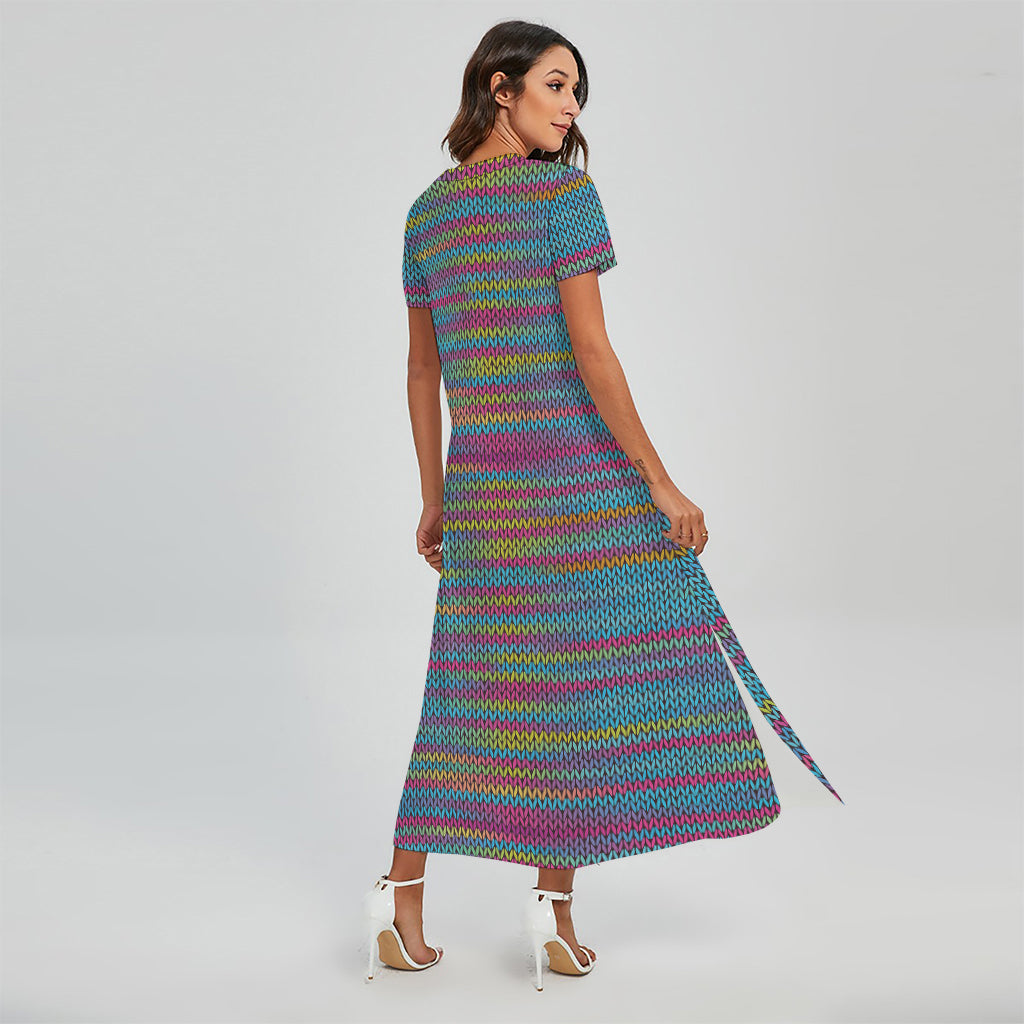 Colorful Knitted Pattern Print Short Sleeve Maxi Dress