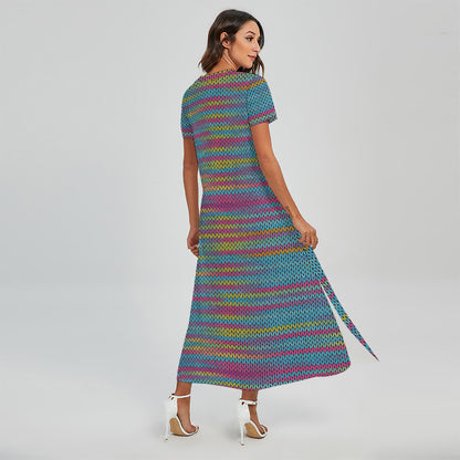 Colorful Knitted Pattern Print Short Sleeve Maxi Dress