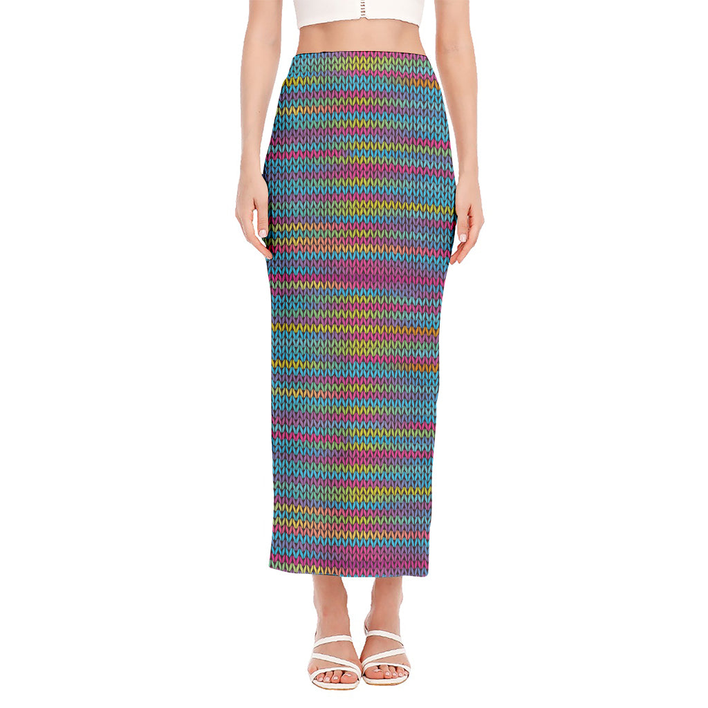Colorful Knitted Pattern Print Side Slit Maxi Skirt