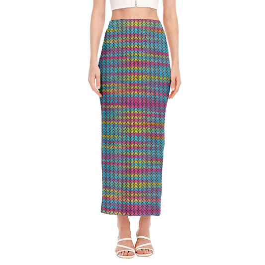 Colorful Knitted Pattern Print Side Slit Maxi Skirt