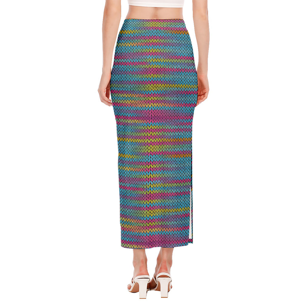 Colorful Knitted Pattern Print Side Slit Maxi Skirt