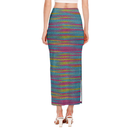 Colorful Knitted Pattern Print Side Slit Maxi Skirt