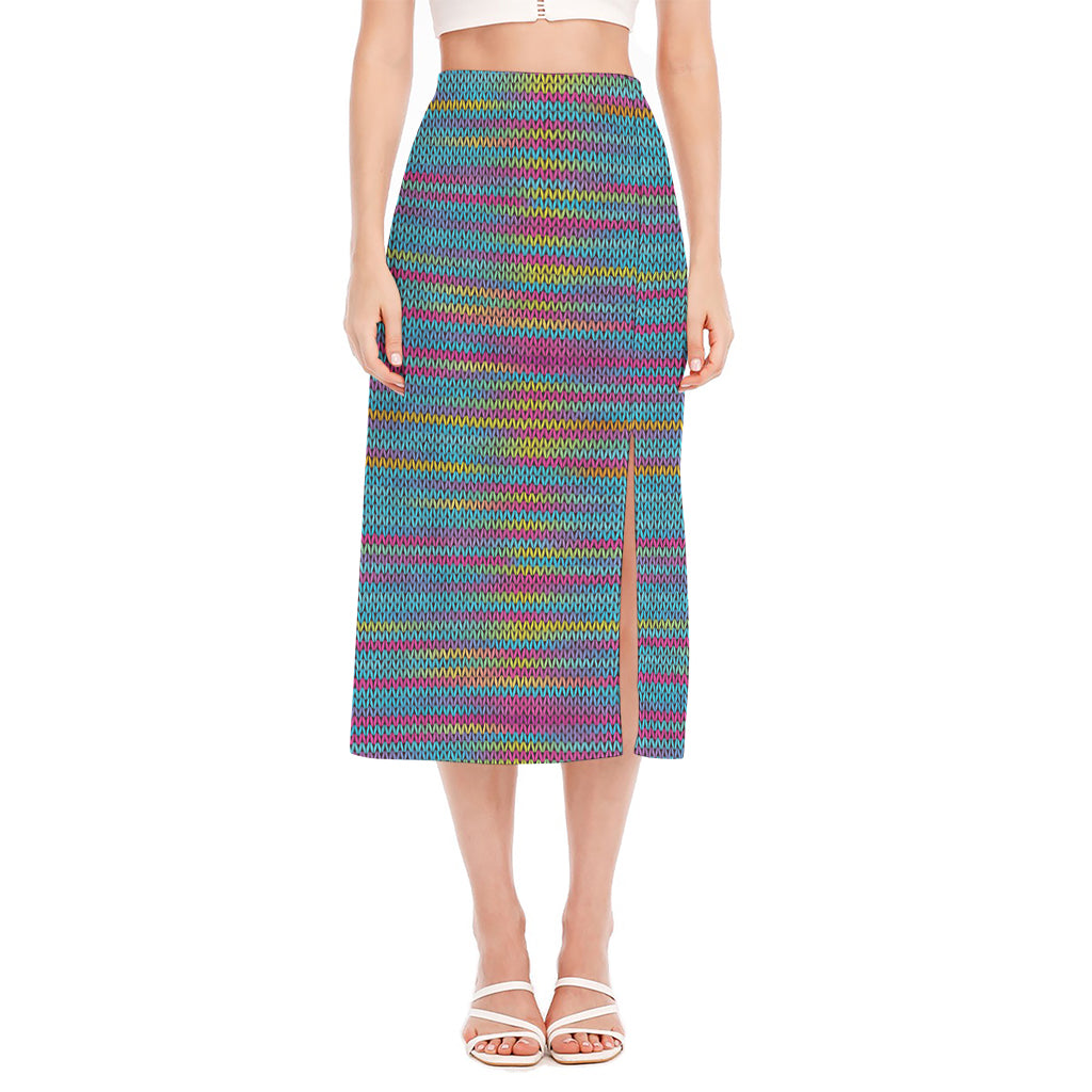 Colorful Knitted Pattern Print Side Slit Midi Skirt