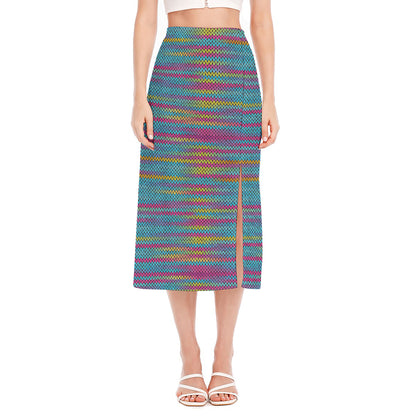 Colorful Knitted Pattern Print Side Slit Midi Skirt