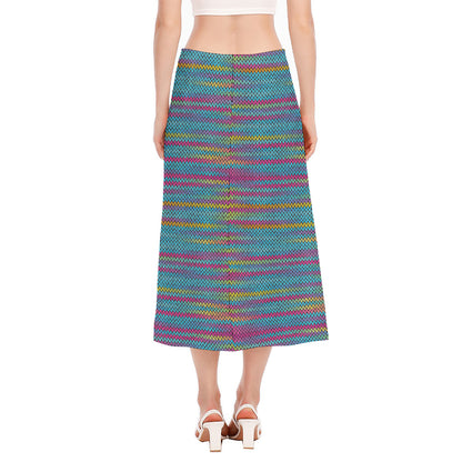 Colorful Knitted Pattern Print Side Slit Midi Skirt