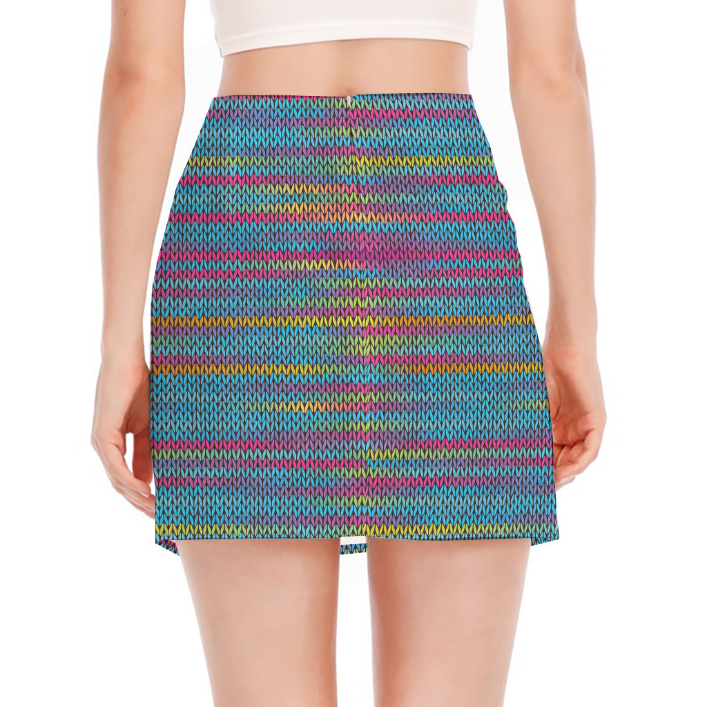 Colorful Knitted Pattern Print Side Slit Mini Skirt