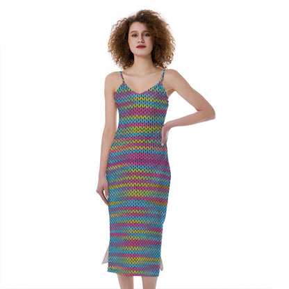 Colorful Knitted Pattern Print Slim Fit Midi Cami Dress